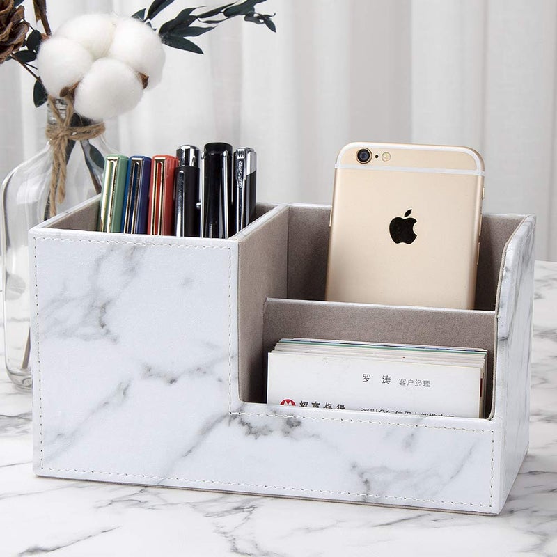 KINGFOM Desk Organizer Office Supplies Caddy Pu Leather Multi-function Storage Box Pen/Pencil,Cell phone, Business Name Cards Remote Control Holder Gray Marble - Image 3